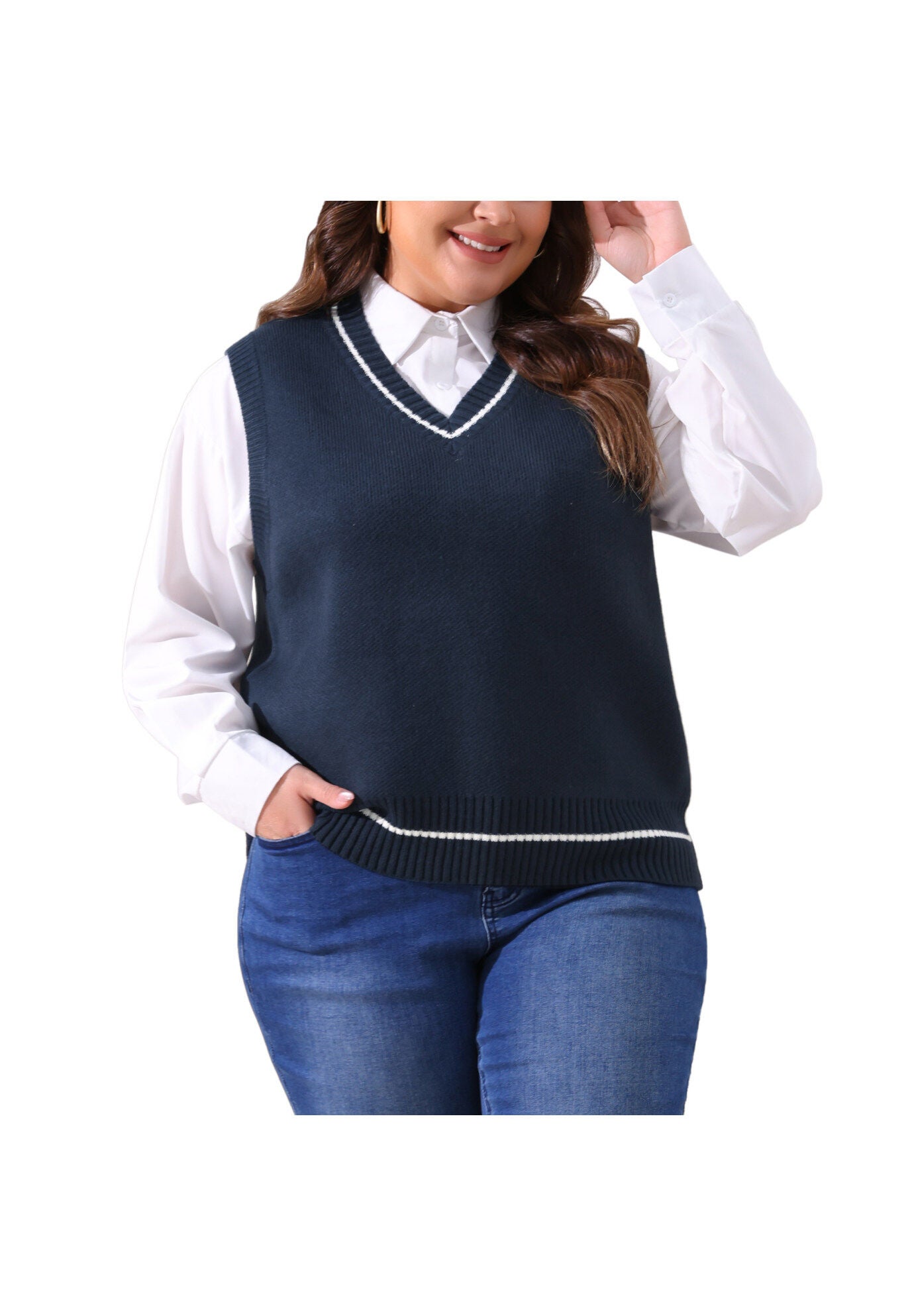 V Neck Stripe Cable Knit Pullover Sweater Vest, Navy Blue / Navy, alternate image number 2