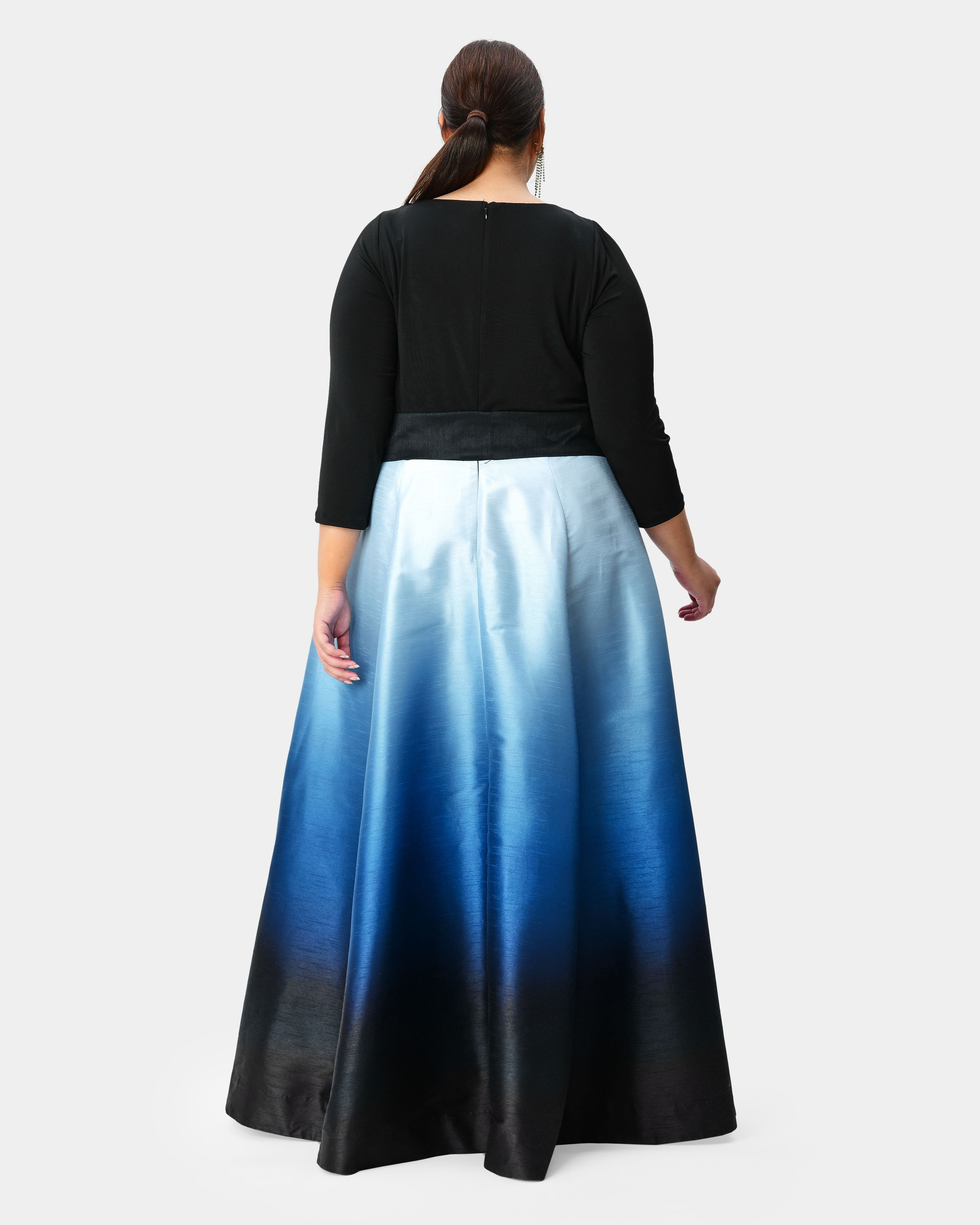 Jersey knit and ombre print dupioni boatneck maxi dress, Blue / Black, alternate image number 2