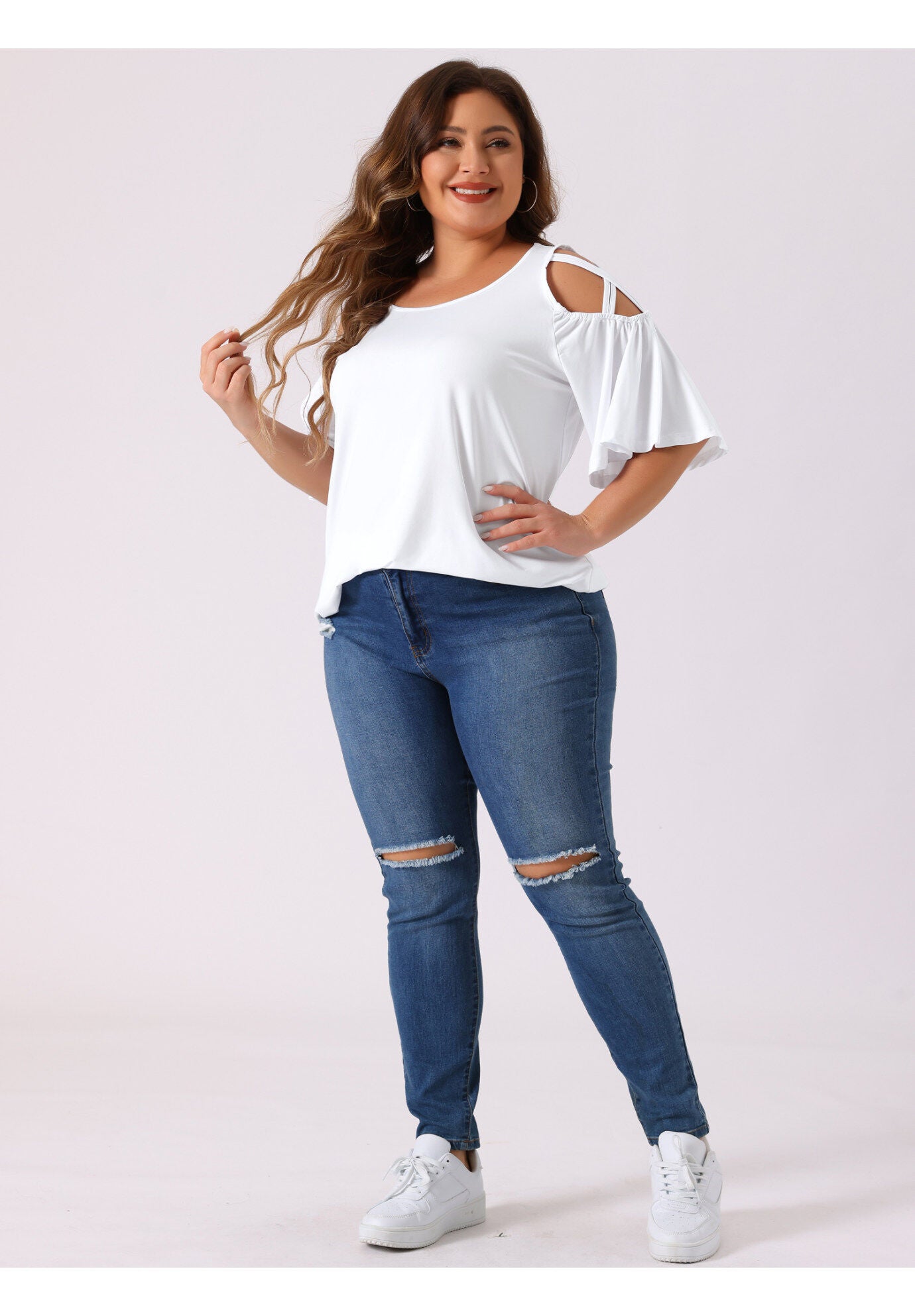 Cold Shoulder Bell Sleeve Summer Top, White / White, hi-res image number 0