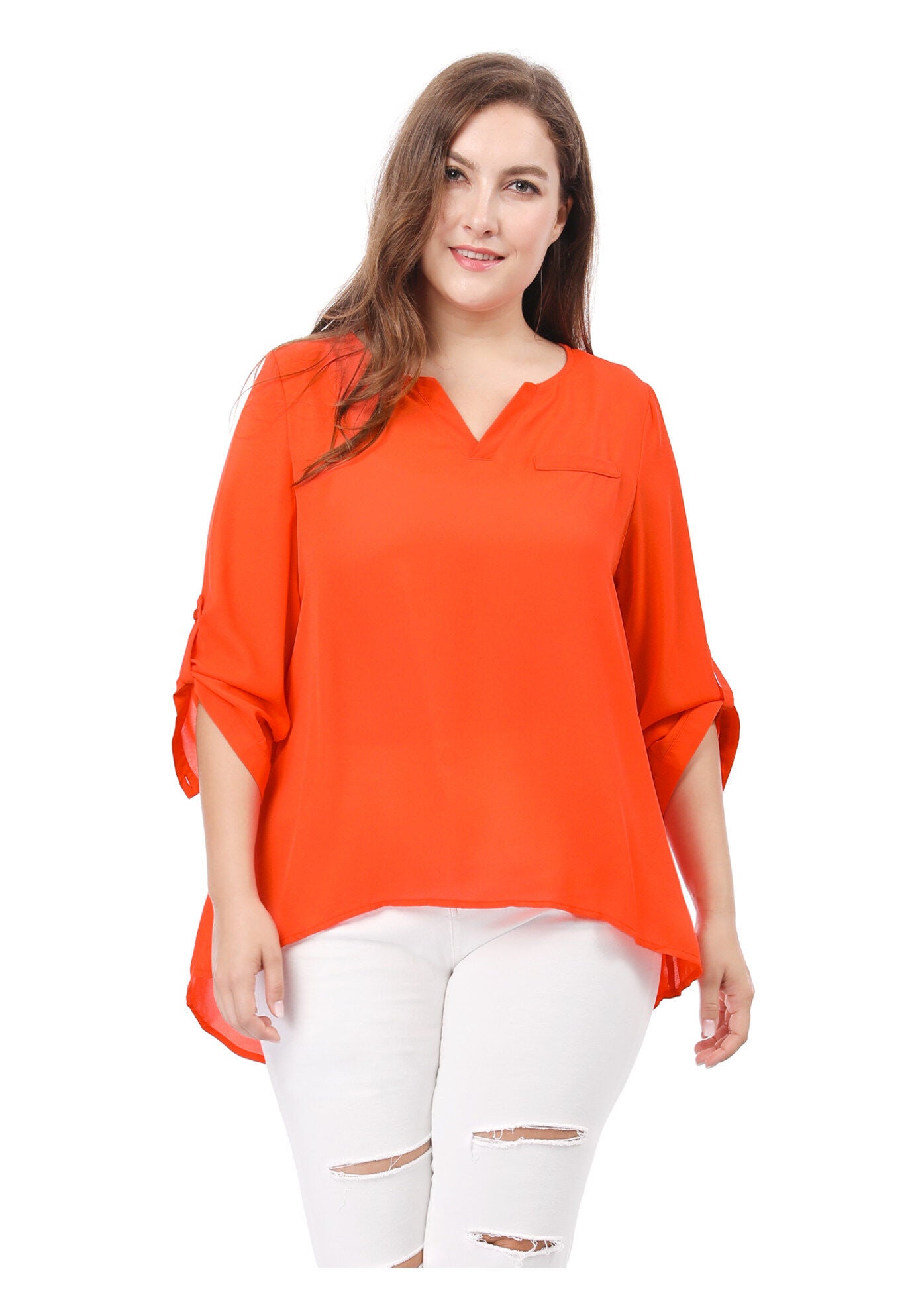 3/4 Sleeve Sheer Flowy Summer Split V Neck Blouse, Orange / Orange, alternate image number 3
