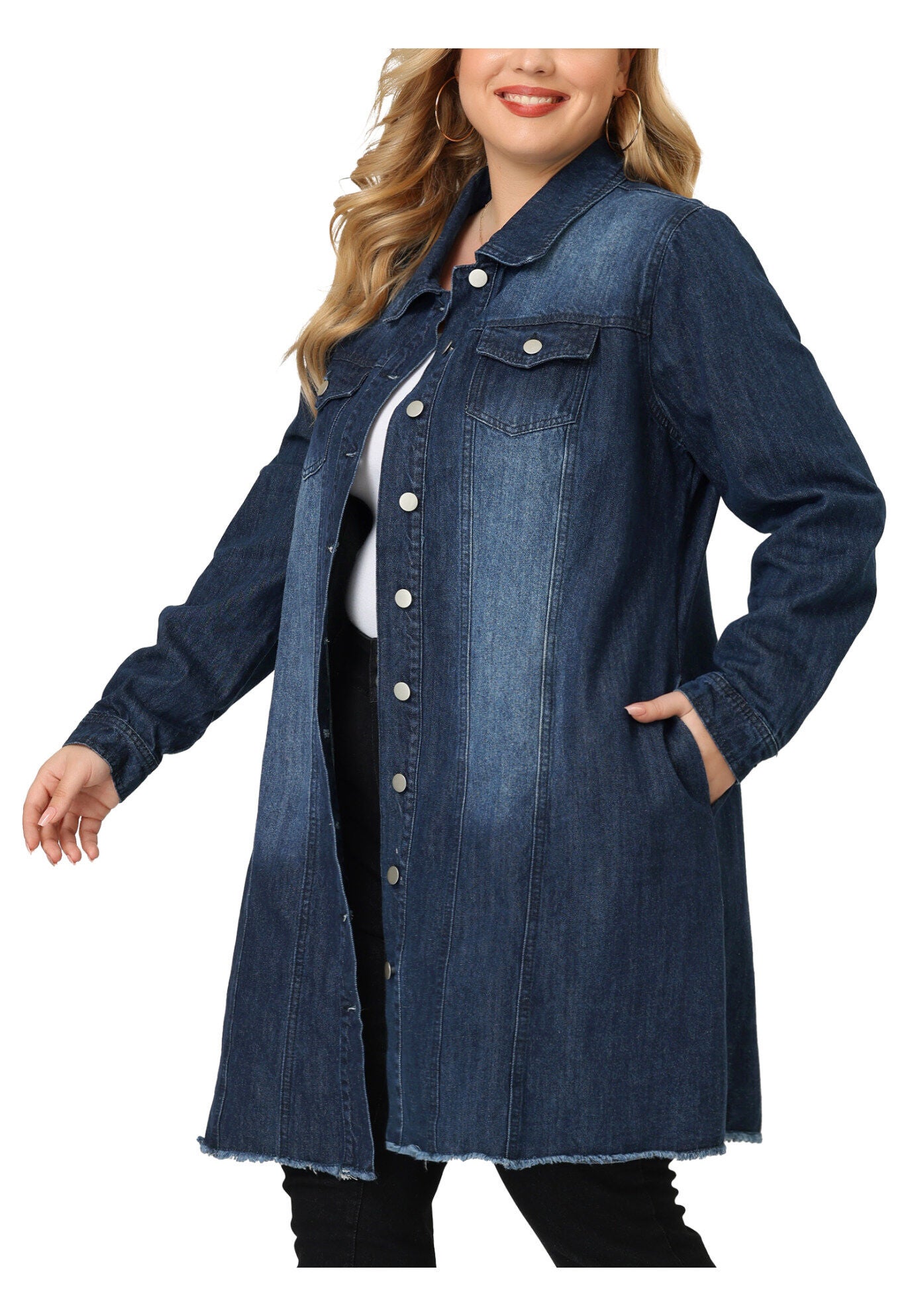 DISTRESSED BUTTON UP POCKET LONG DENIM JACKET, Dark Blue / Navy, alternate image number 2