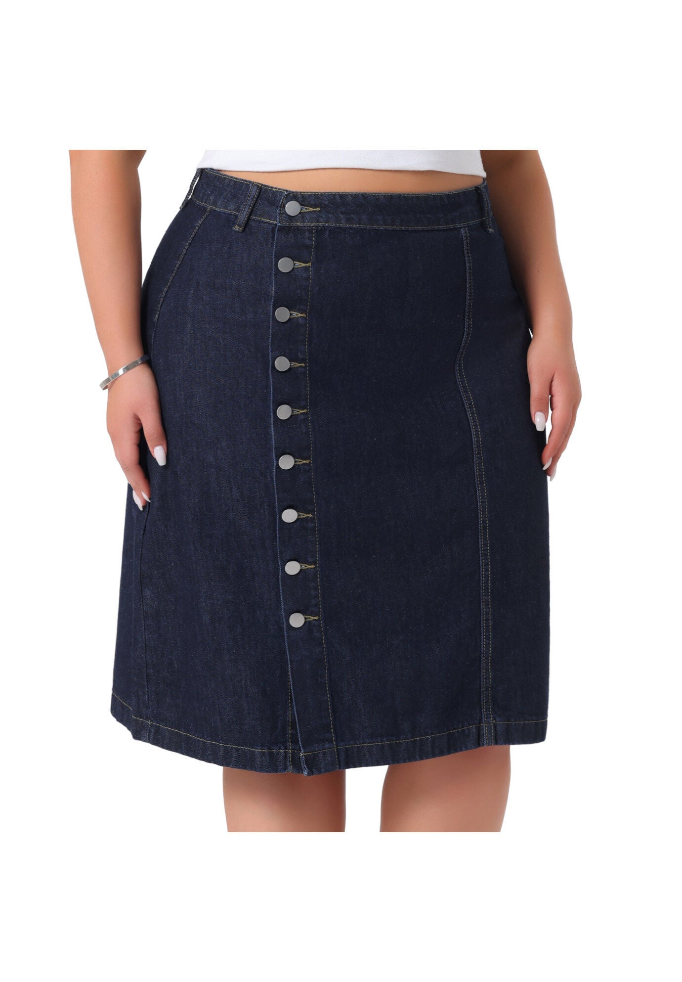 Denim Button Front High Waist A Line Midi Jean Skirt, Dark Blue / Navy, alternate image number 4