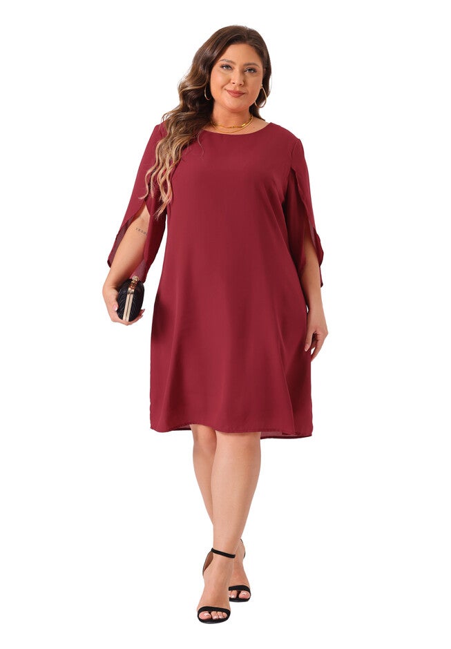 Crew Neck 3/4 Flutter Sleeve Cocktail Chiffon Dress, Burgundy / Burgundy, hi-res image number 0