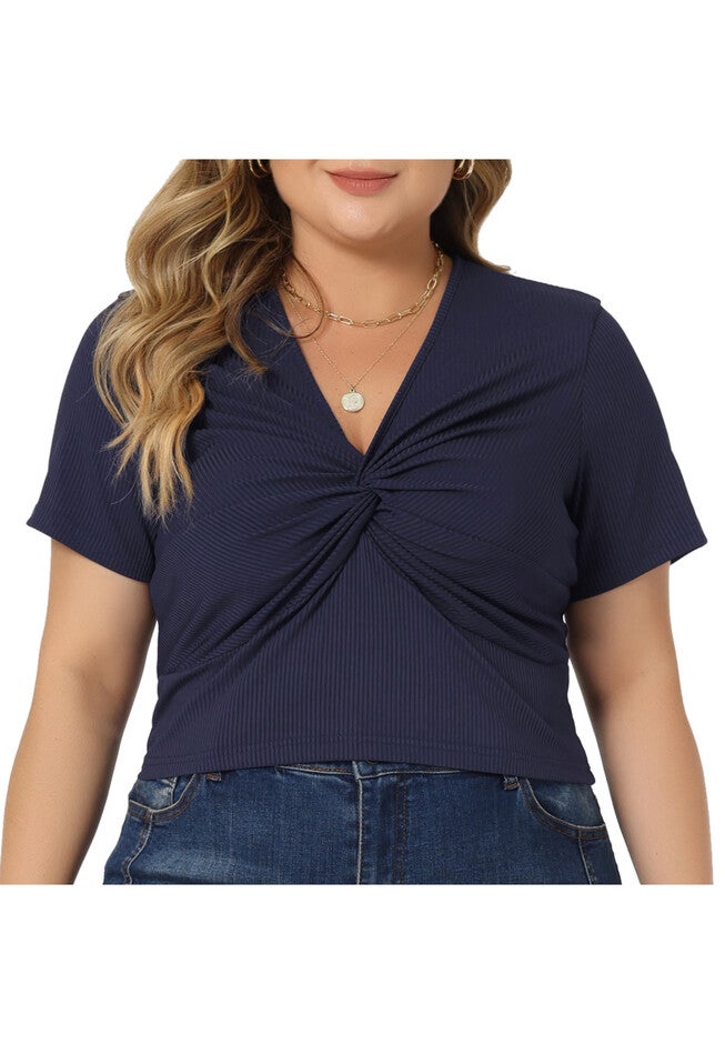 Twist Front V Neck Ribbed Short Sleeve T-Shirt Top, Navy Blue / Navy, alternate image number 2