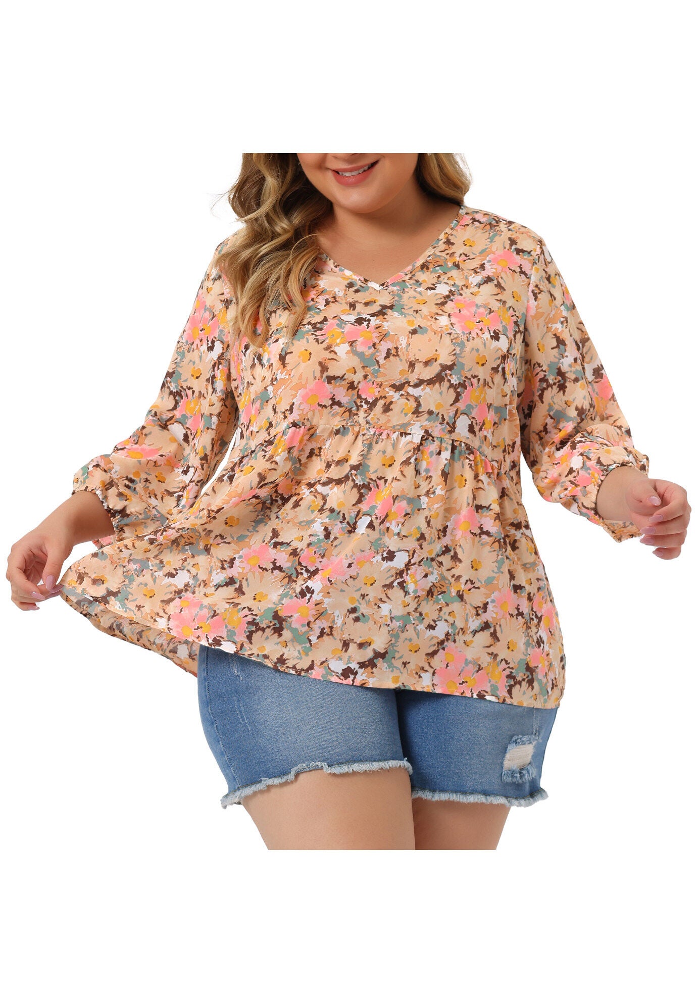 V Neck Babydoll Flowy 3/4 Lantern Sleeve Floral Blouse, Dark Pink / Orange, alternate image number 2