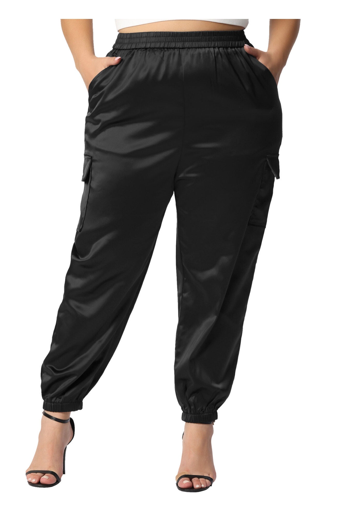 SATIN JOGGERS ELASTIC WAIST ATHLEISURE ANKLE LENGTH CARGO PANTS, Black / Black, alternate image number 1