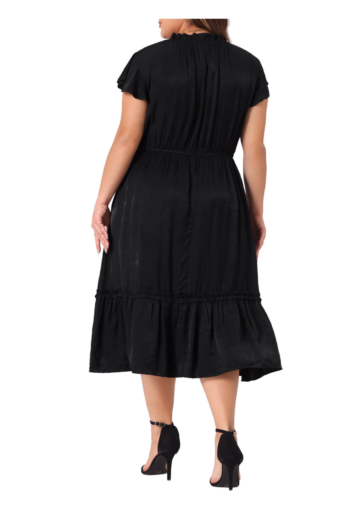 Summer Bow Tie Neck Ruffle Cap Sleeve A Line Midi Dress, Black / Black, alternate image number 2