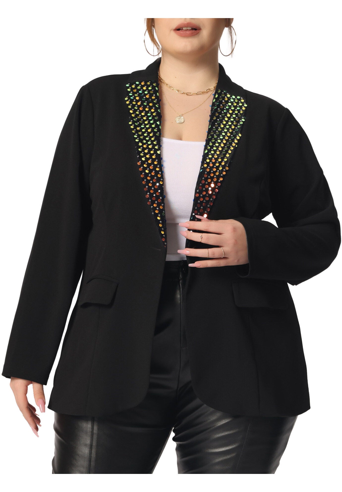 SHINY SEQUIN BUTTON LAPEL CASUAL BLAZER JACKET, Black / Black, alternate image number 1