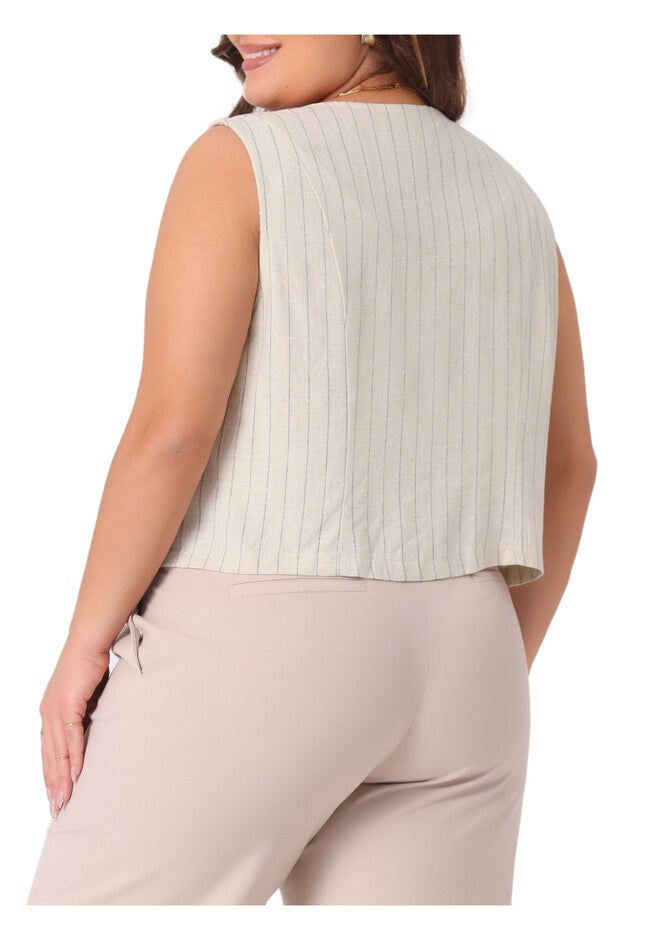 Sleeveless Button Down V Neck Crop Waistcoat Linen Vest, Beige / Beige, alternate image number 3