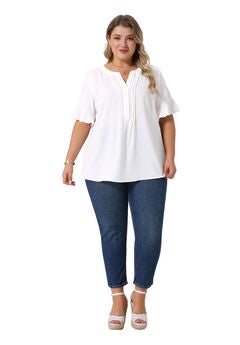 V Neck Ruffle Short Sleeve Chiffon Blouse Shirt