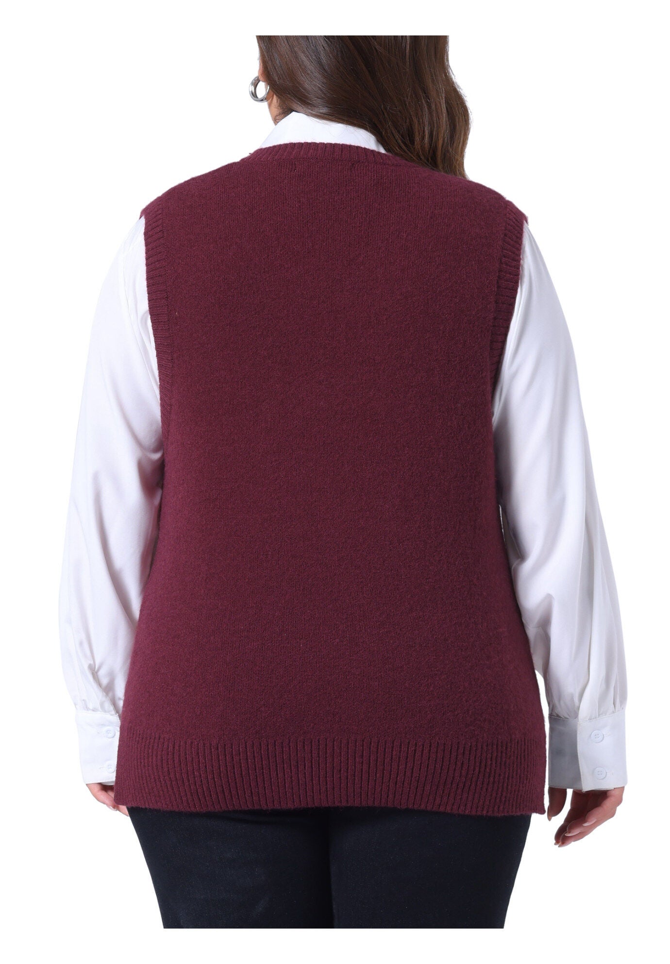V Neck Knit Vest Sleeveless Pullover Sweater Top, Burgundy / Red, alternate image number 3