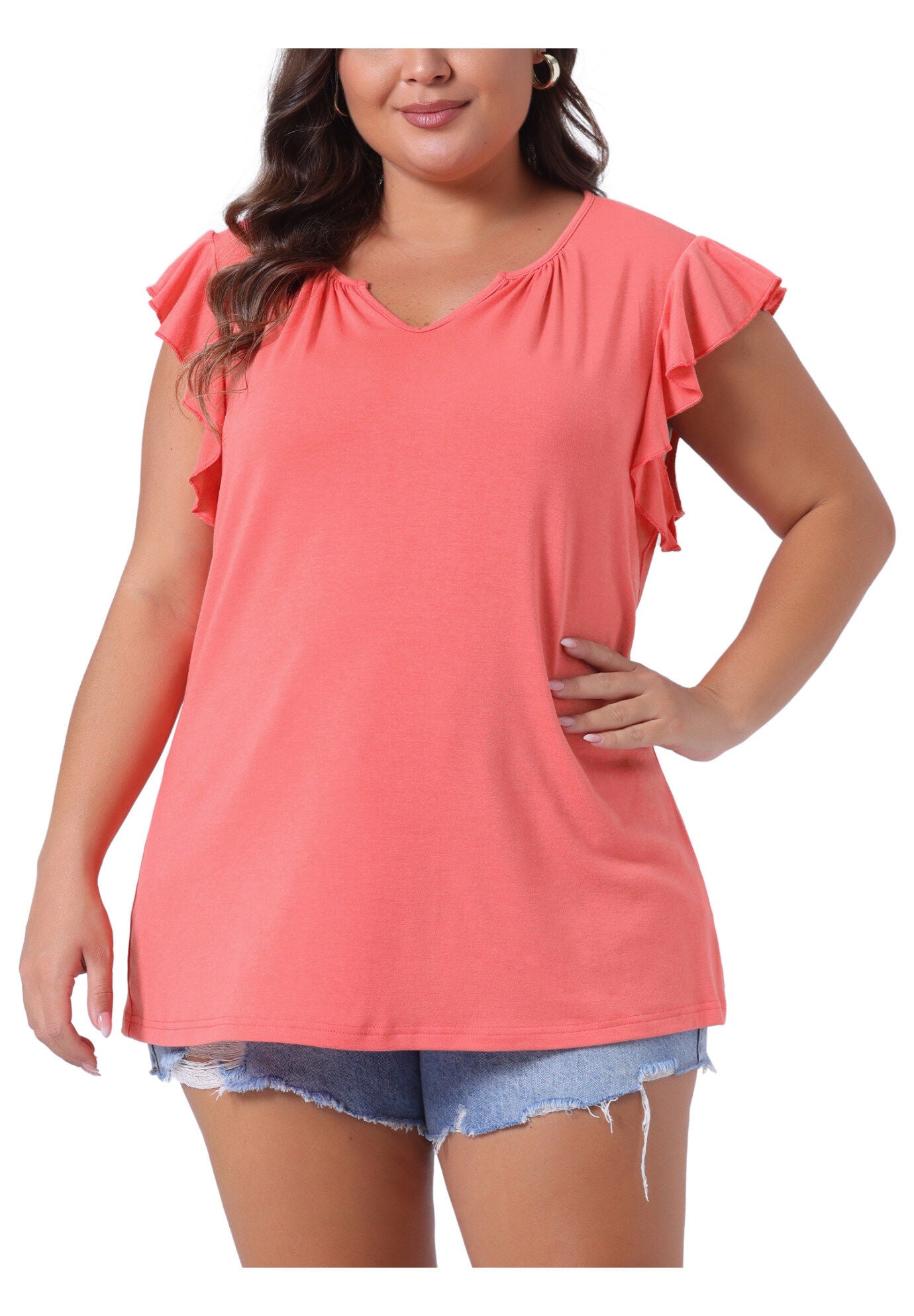 V Neck Ruffle Sleeveless Summer Blouse Top, Coral / Coral, alternate image number 2