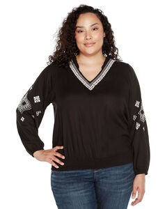 EMBROIDERED BLOUSON SLEEVE V-NECK BLOUSE