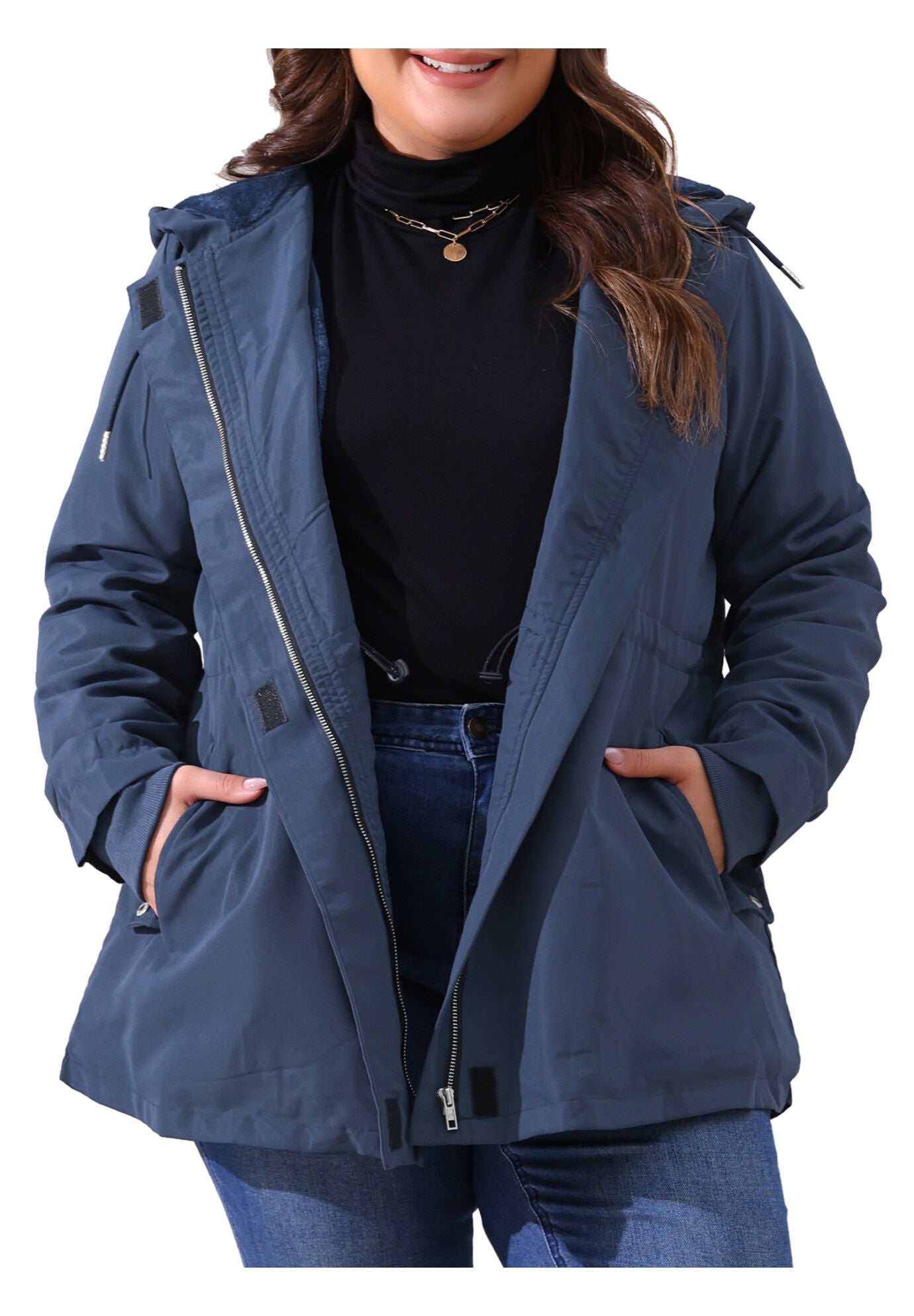 Waterproof Fleece Lined Rain Jacket Hooded Windbreaker Coat, Navy Blue / Navy, alternate image number 2