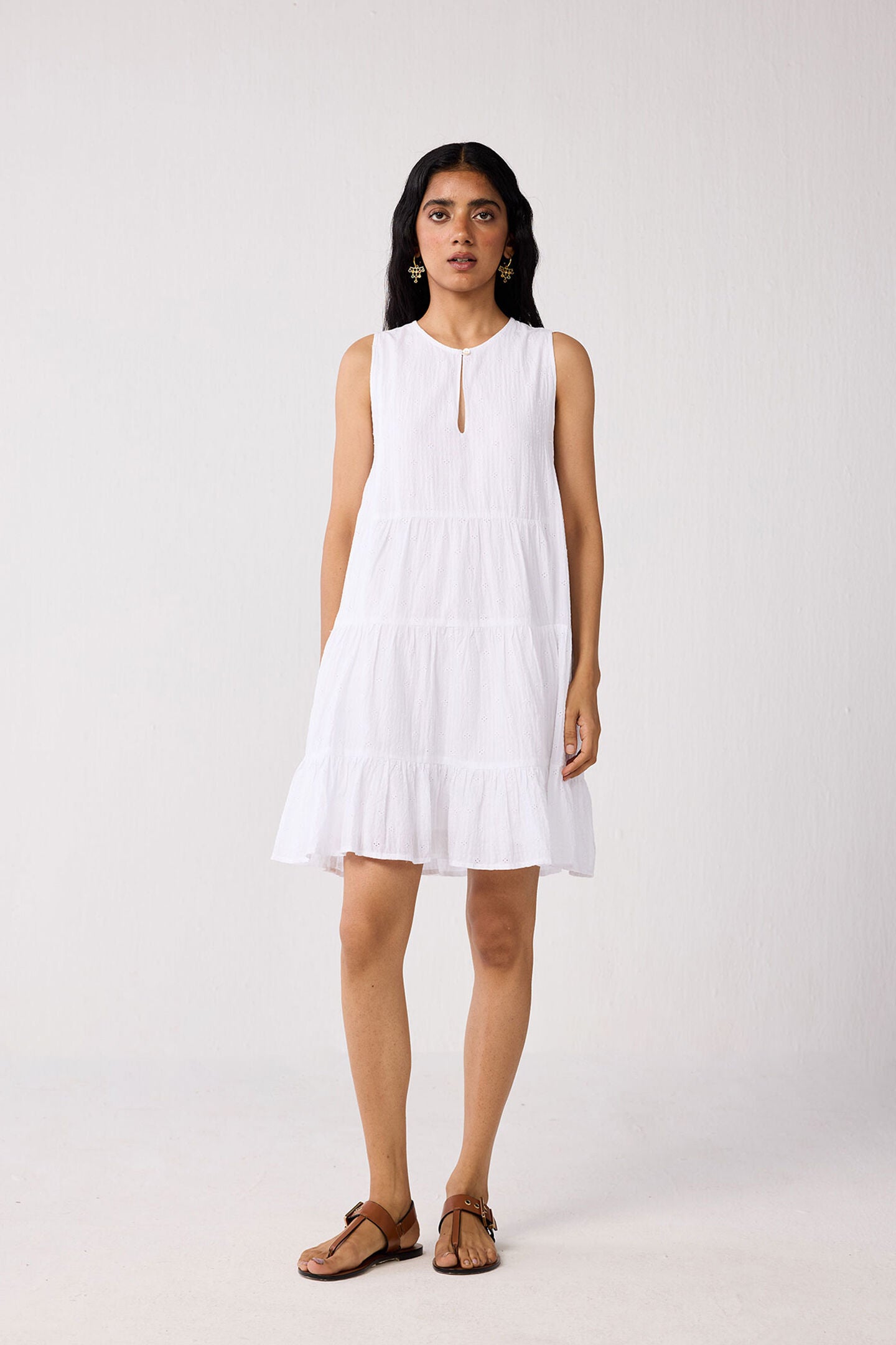 Embroidered Everyday Sleeveless Short Tiered Dress in White, Textured Eyelet in White / White, hi-res image number 0