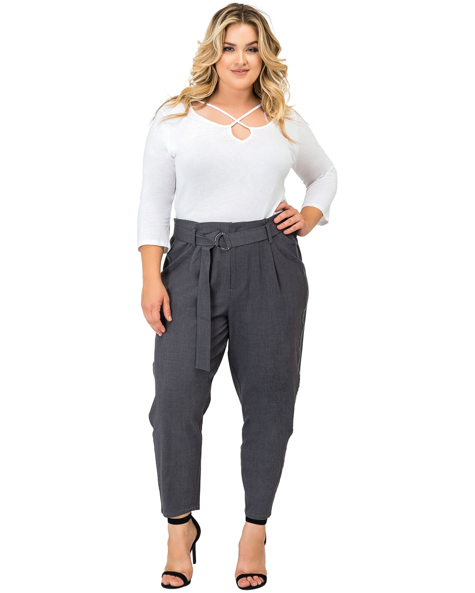 Plus Size Marina Paper Bag Waist Suiting Pants - Vegan Leather Athletic Stripe, Charcoal / Charcoal Grey, alternate image number 1