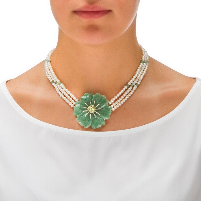 1.20 TCW Jade and Cultured Freshwater Pearl Necklace in .925 Sterling Silver, Green / Hunter Green, alternate image number null