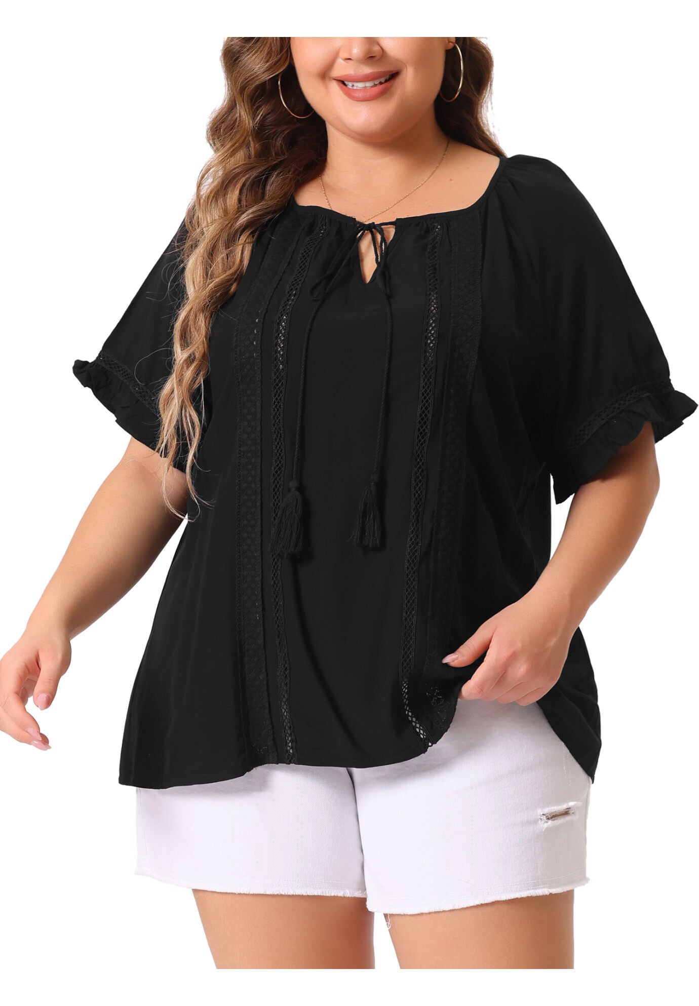 TIE NECK RUFFLE SHORT SLEEVE LACE CROCHET BLOUSE TOP, Black / Black, alternate image number 2