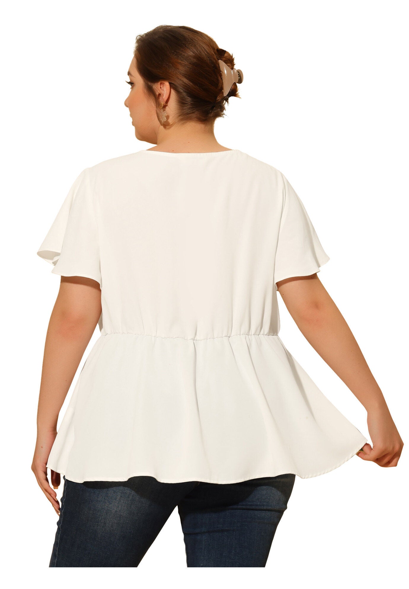 V NECK FLARE SLEEVE RUFFLE PEPLUM WRAP BLOUSE TOP, White / White, alternate image number 3
