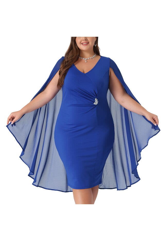 Chiffon Cape Sleeve Bodycon Pencil Cocktail Dress, Blue / Royal Blue, alternate image number 2