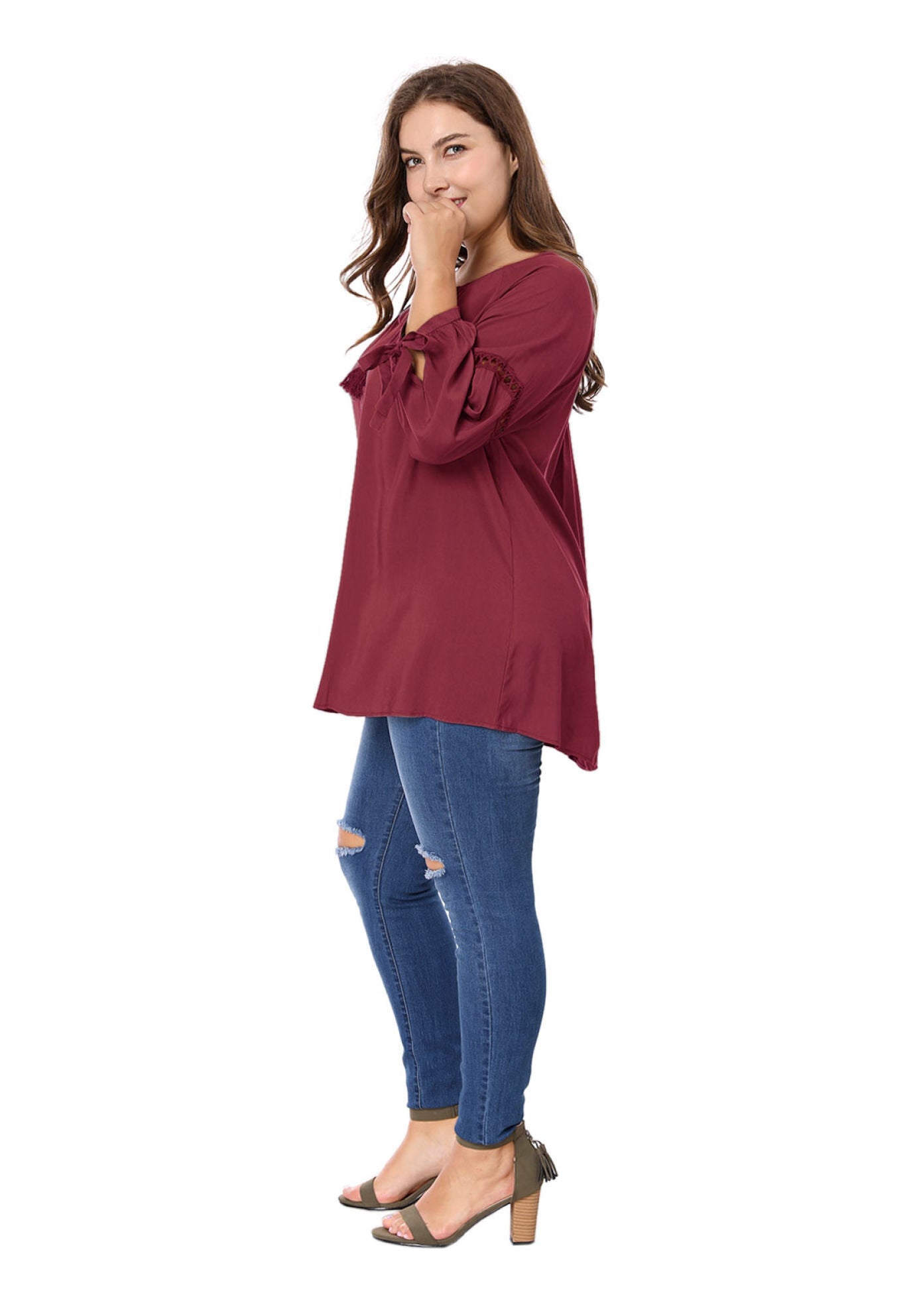RAGLAN SLEEVES HOLLOW OUT TIE NECK PEASANT TOP, Burgundy / Red, alternate image number 3