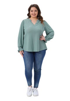 Eyelet Notched V Neck Smocked Hollow Out Blouses