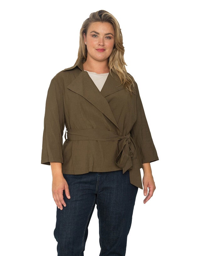 Plus Size Vanessa Cropped Quarter Sleeve Wrap Trench Jacket, Olive / Olive Green, alternate image number 2