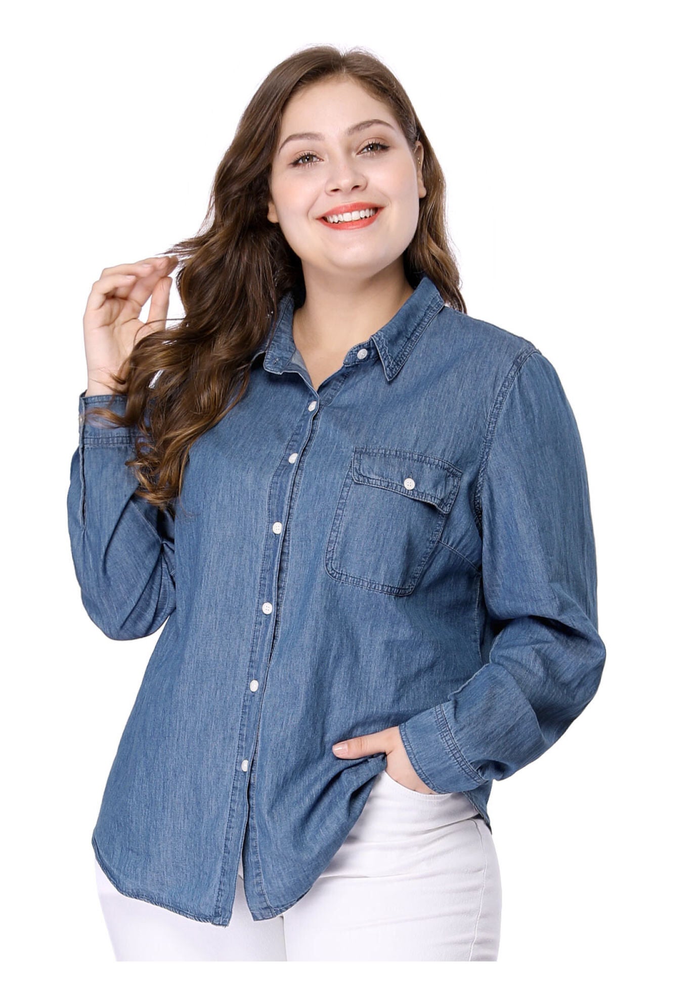 Button Down Long Sleeve Chest Pocket Chambray Shirt, Navy Blue / Chambray Denim Medium, alternate image number 2