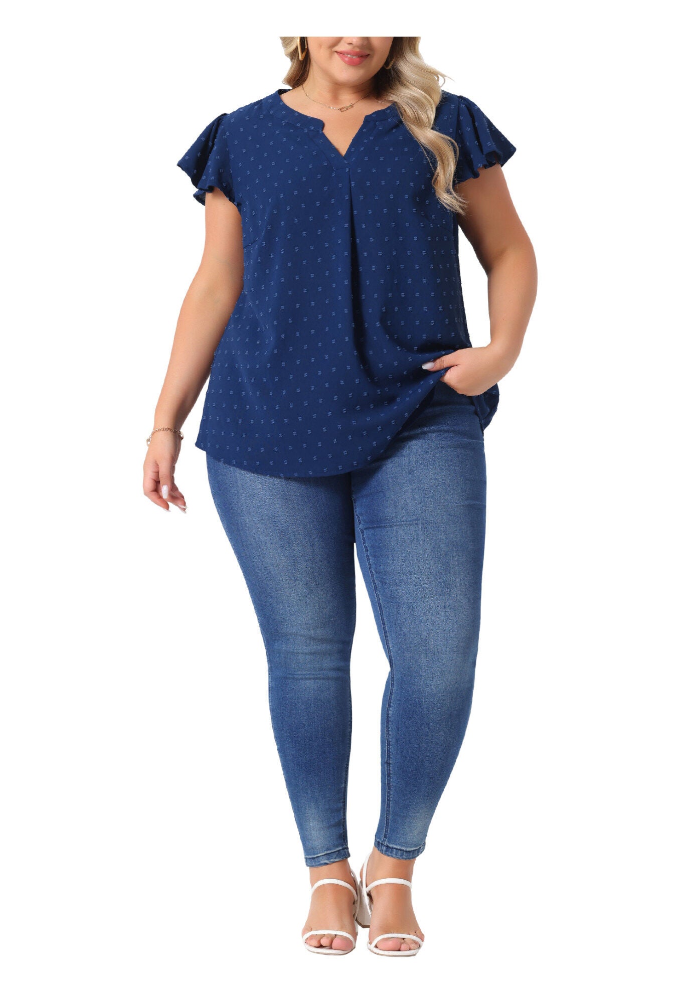 Swiss Dots Notched Neck Ruffle Sleeve Blouse, Dark Blue / Navy, hi-res image number 0