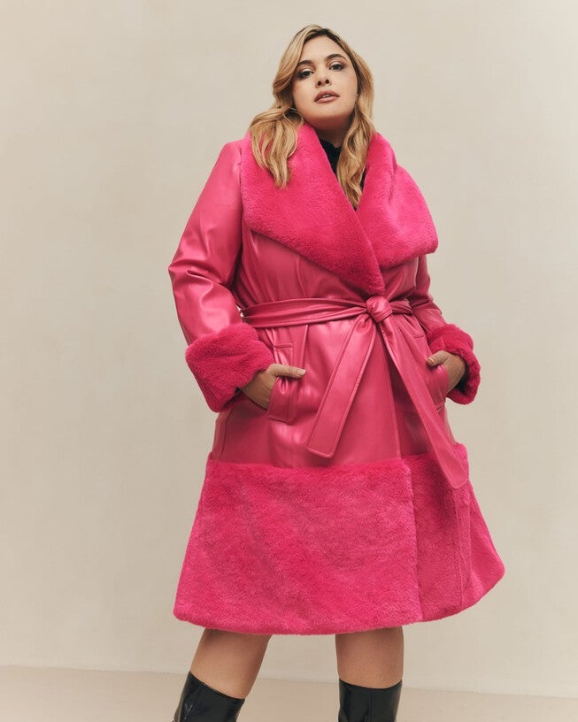 PINK FAUX FUR COLLAR TRENCH COAT, Pink / Pink, hi-res image number 0