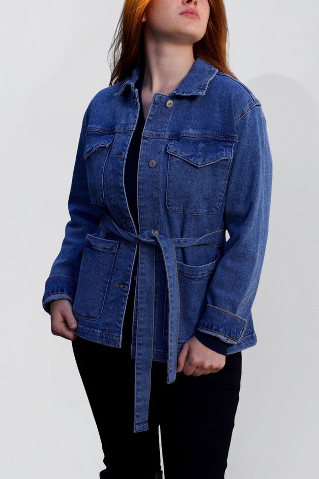 Sabrina Women's Belted Jean Jacquard Jacket With Pockets, DENIM / Light Blue, hi-res image number 0