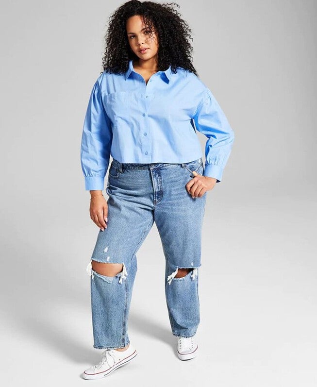 And Now This Women's Trendy Plus Size Cotton Button-Front Top Size 2X, Blue / Navy, hi-res image number null