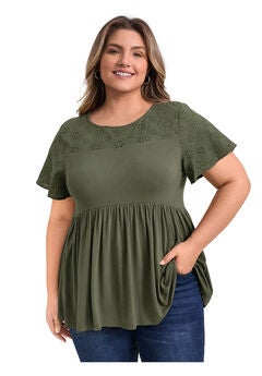 Eyelet Embroidery Short Sleeve Blouse Babydoll Tunic