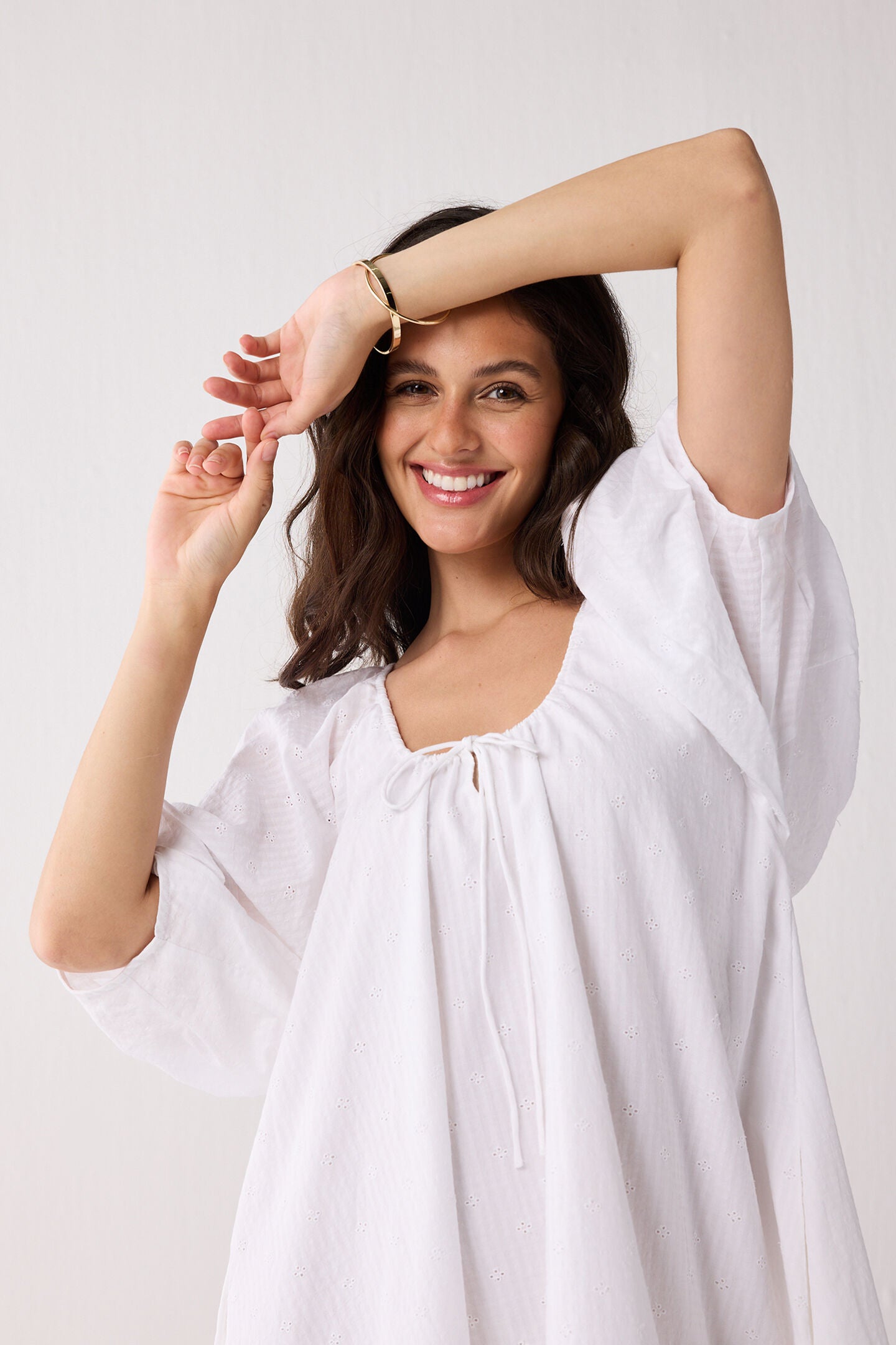 Puff Sleeved Dress with Drawstring Neckline, Textured Eyelet in White / White, alternate image number 2
