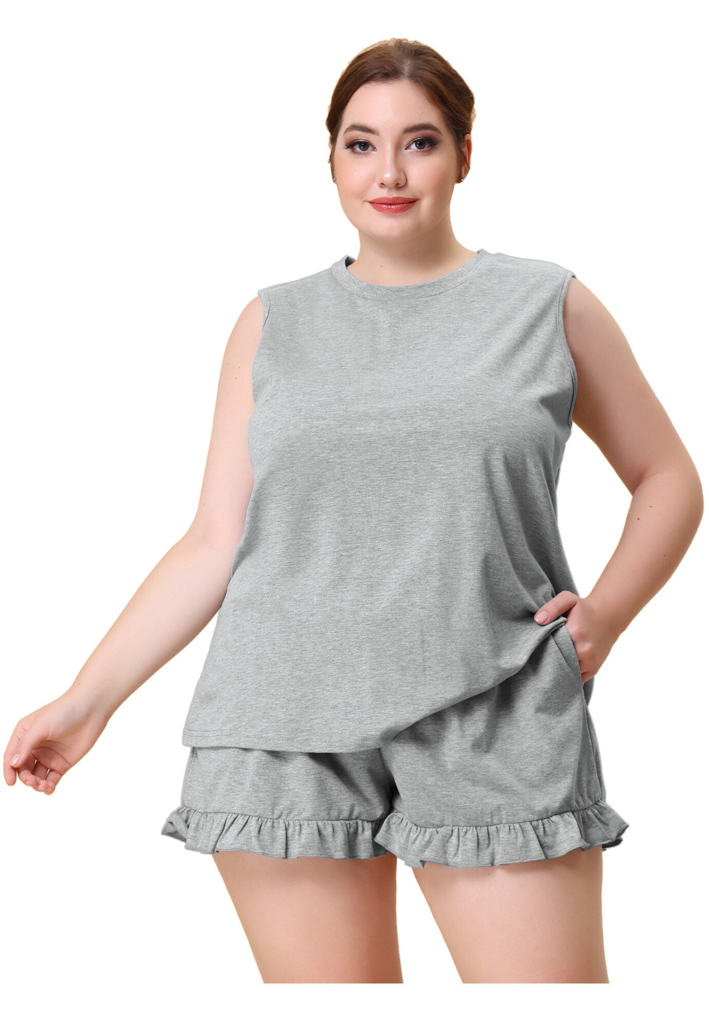 RUFFLE KNIT SLEEVELESS TANK TOP 2 PIECE PAJAMAS SET LOUNGEWEAR, Gray / Light Grey, alternate image number 1