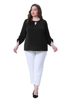 Crewneck Keyhole 3/4 Sleeve Pleated Blouse Shirt