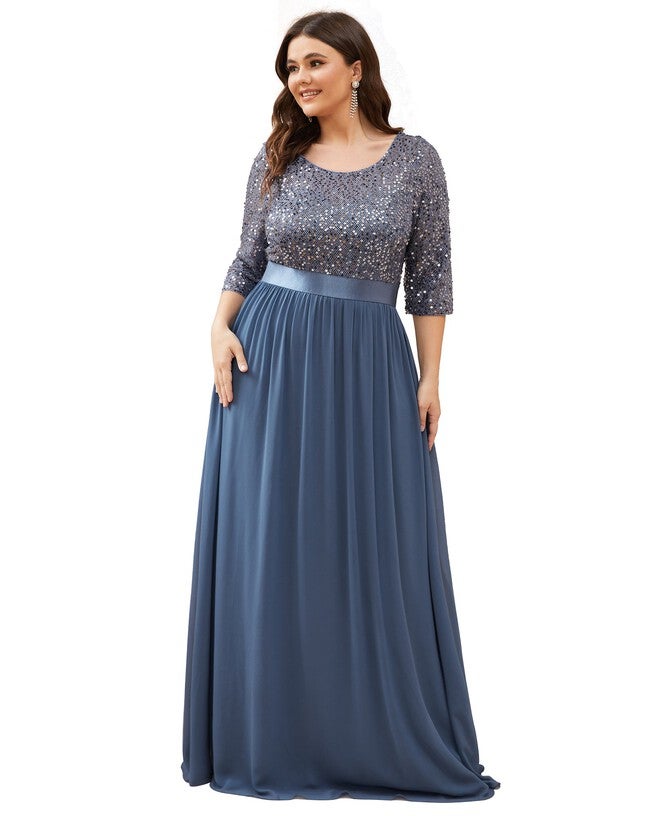 3/4 Sleeves Round Neck Evening Dress With Sequin Bodice, , alternate image number 7