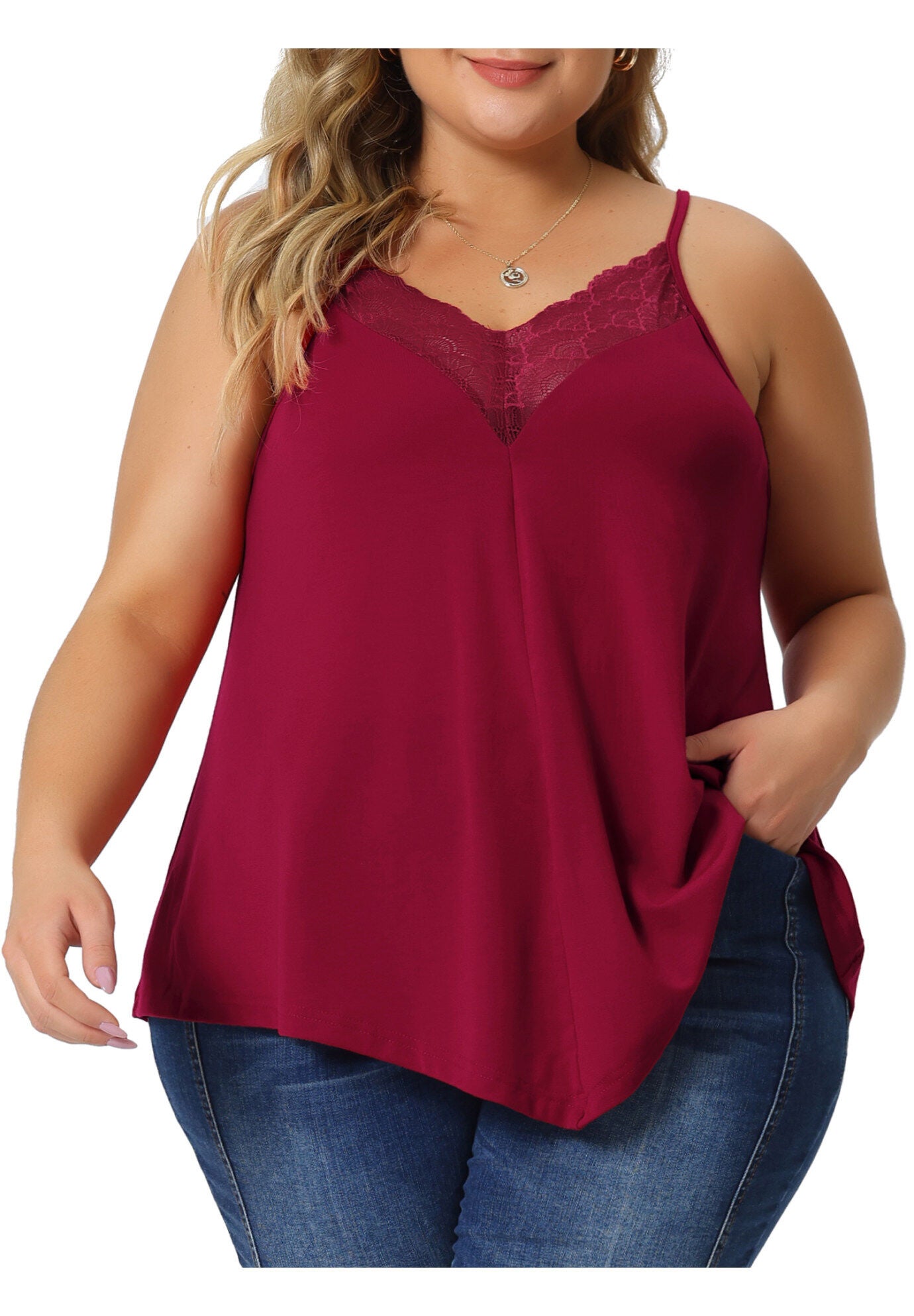 V-NECK LACE FRONT SPAGHETTI STRAP SLEEVELESS CAMI TANK TOP, Burgundy / Red, alternate image number 2