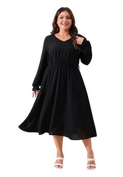 Swiss Dot V Neck Tie Belt A Line Flowy Midi Dresses with Pockets
