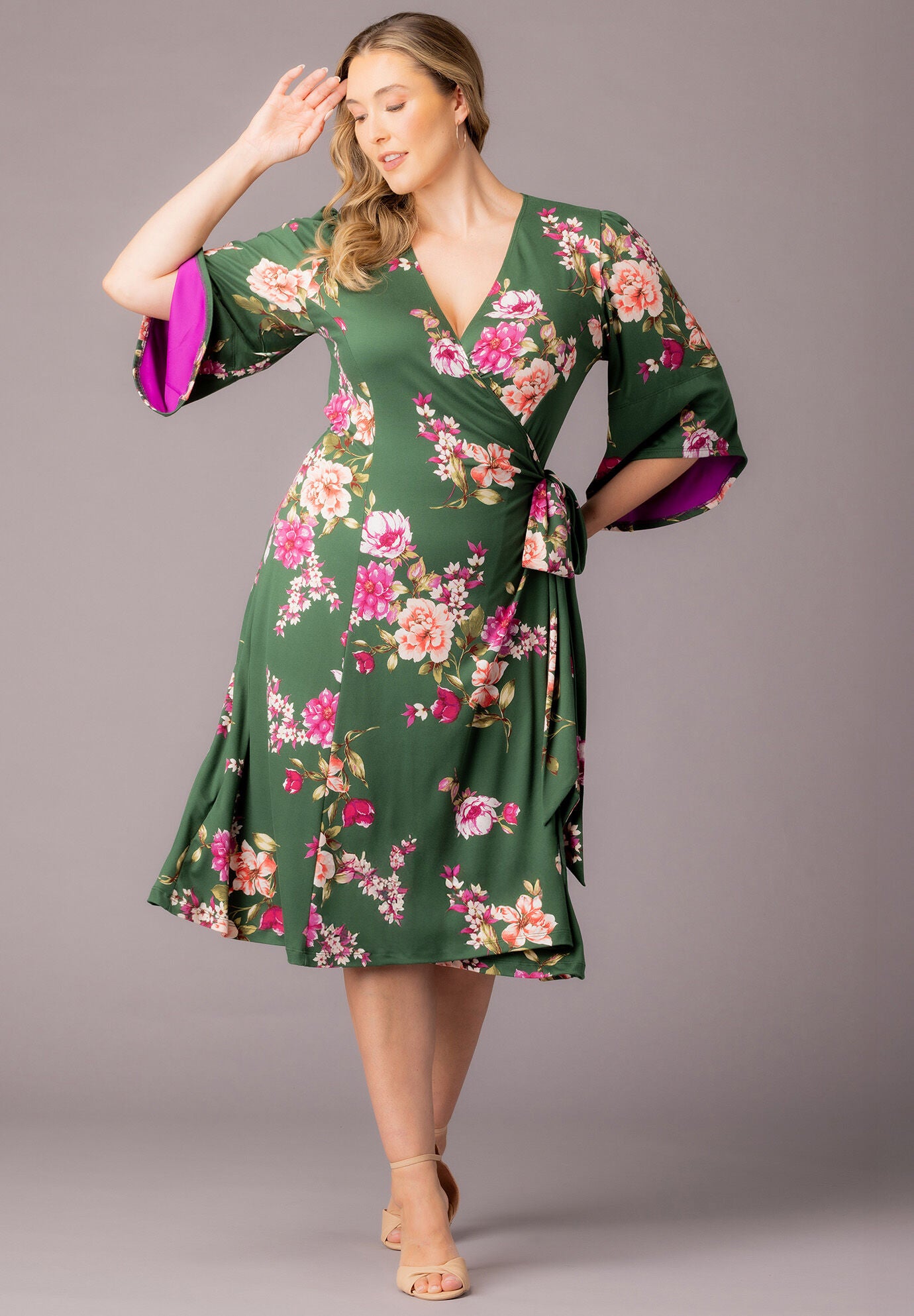 Gemini Wrap Dress, Green Floral Print / Forest Green, alternate image number 4