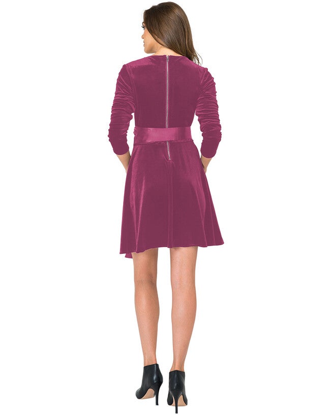 Plus Size Millie Stretch Velvet V-Neck Aline Dress With Satin Belt, ROSE / Magenta, alternate image number 1