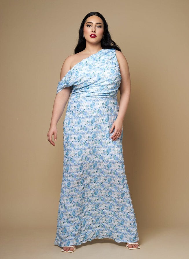 FORGET ME NOT FLORAL ASYMMETRICAL MAXI BODYCON DRESS, Blue / Royal Blue, alternate image number 3