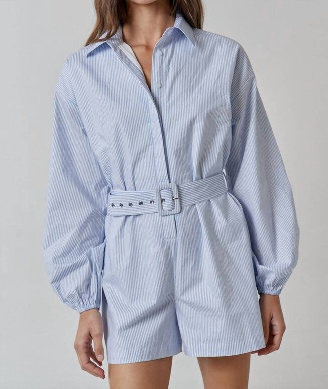 STRIPE BELTED ROMPER, Blue Striped / Azure Blue, hi-res image number 0