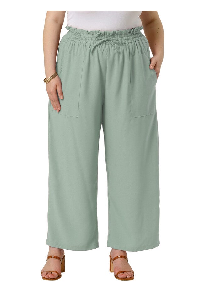 Baggy Wide Leg Elastic High Waist Palazzo Pants with Pockets, Light Green / Light Green, alternate image number 2