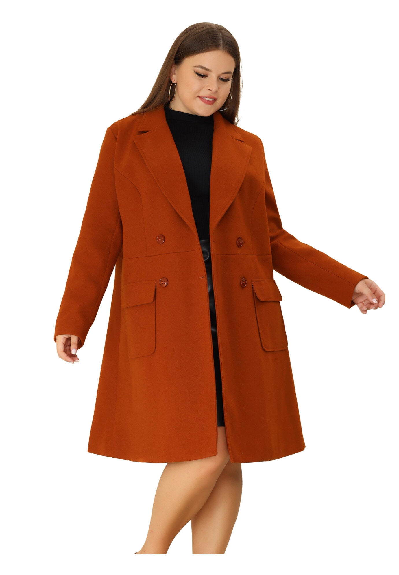NOTCH LAPEL DOUBLE BREASTED PEA TRENCH COAT, Red Brown / Burnt Orange, alternate image number 2