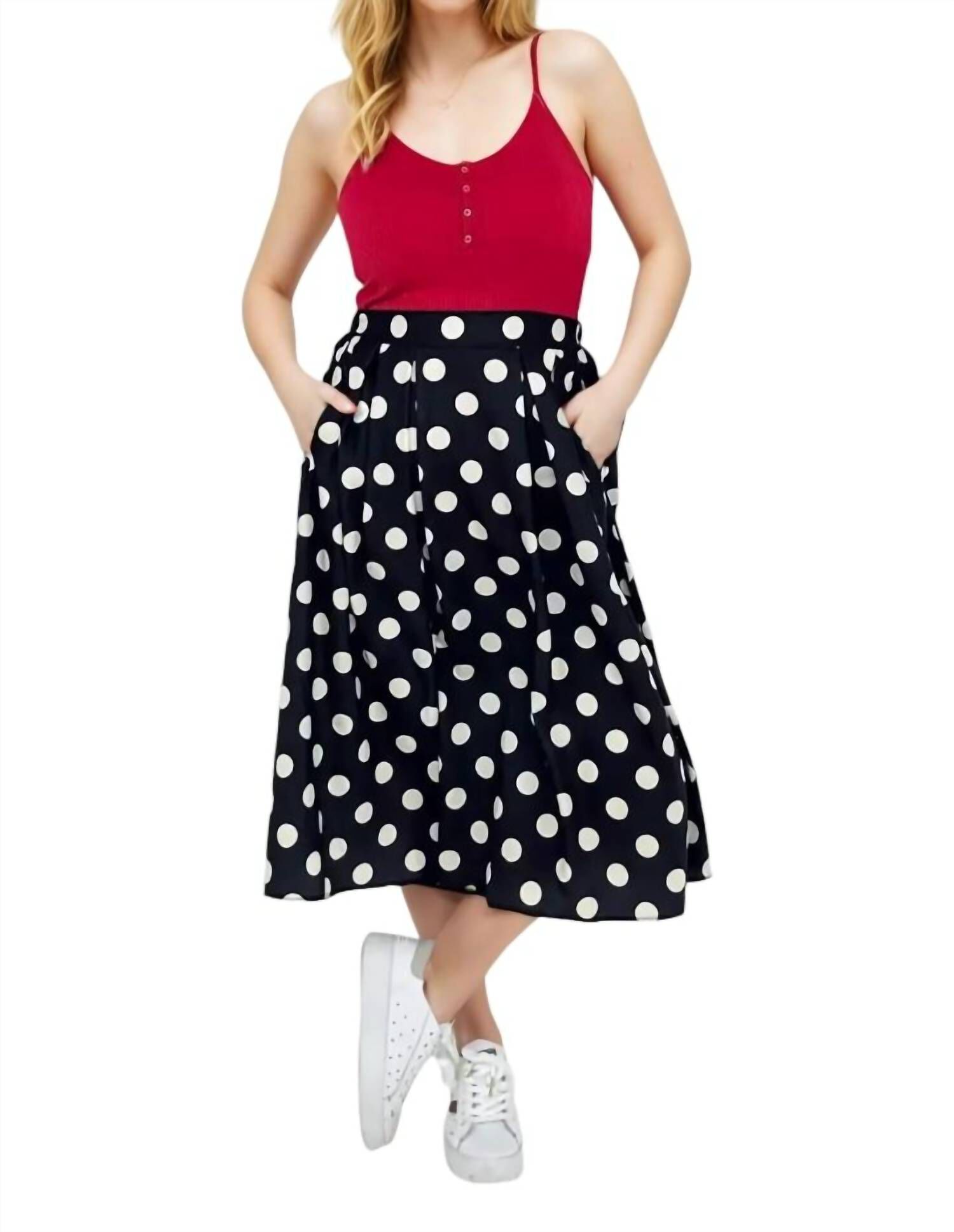 POLKA DOT PLEATED MIDI SKIRT, Black / Black, alternate image number 2