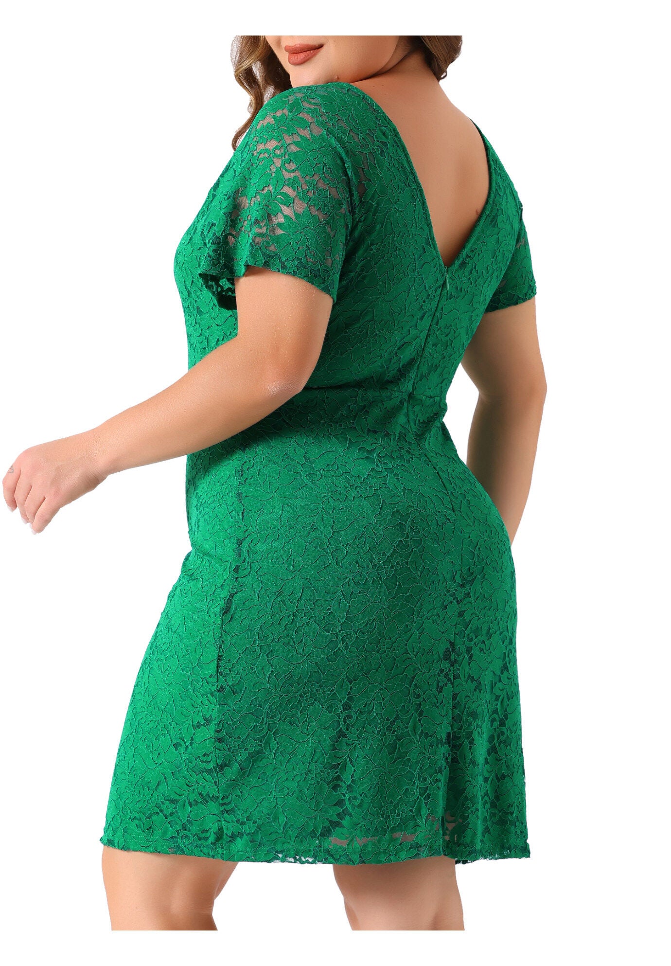 V NECK SHORT SLEEVE COCKTAIL WEDDING GUEST BODYCON LACE PENCIL DRESS, Green / Kelly Green, alternate image number 1