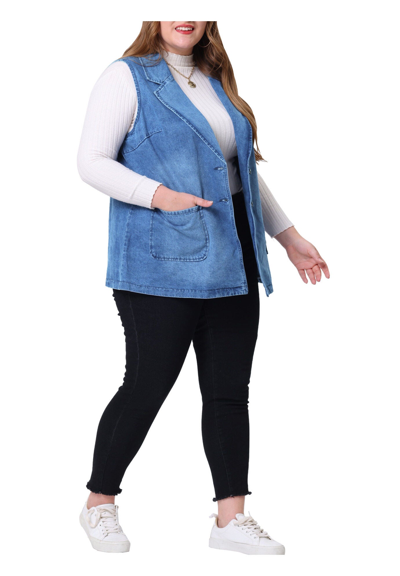 SLEEVELESS LAPEL LONG JEAN DENIM TUNIC VEST, Medium Blue / Royal Blue, alternate image number 2