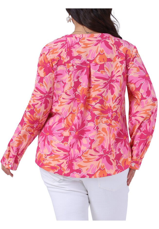 Floral Long Sleeve Notched V Neck Shirt Blouse, Hot Pink / Pink, alternate image number 3
