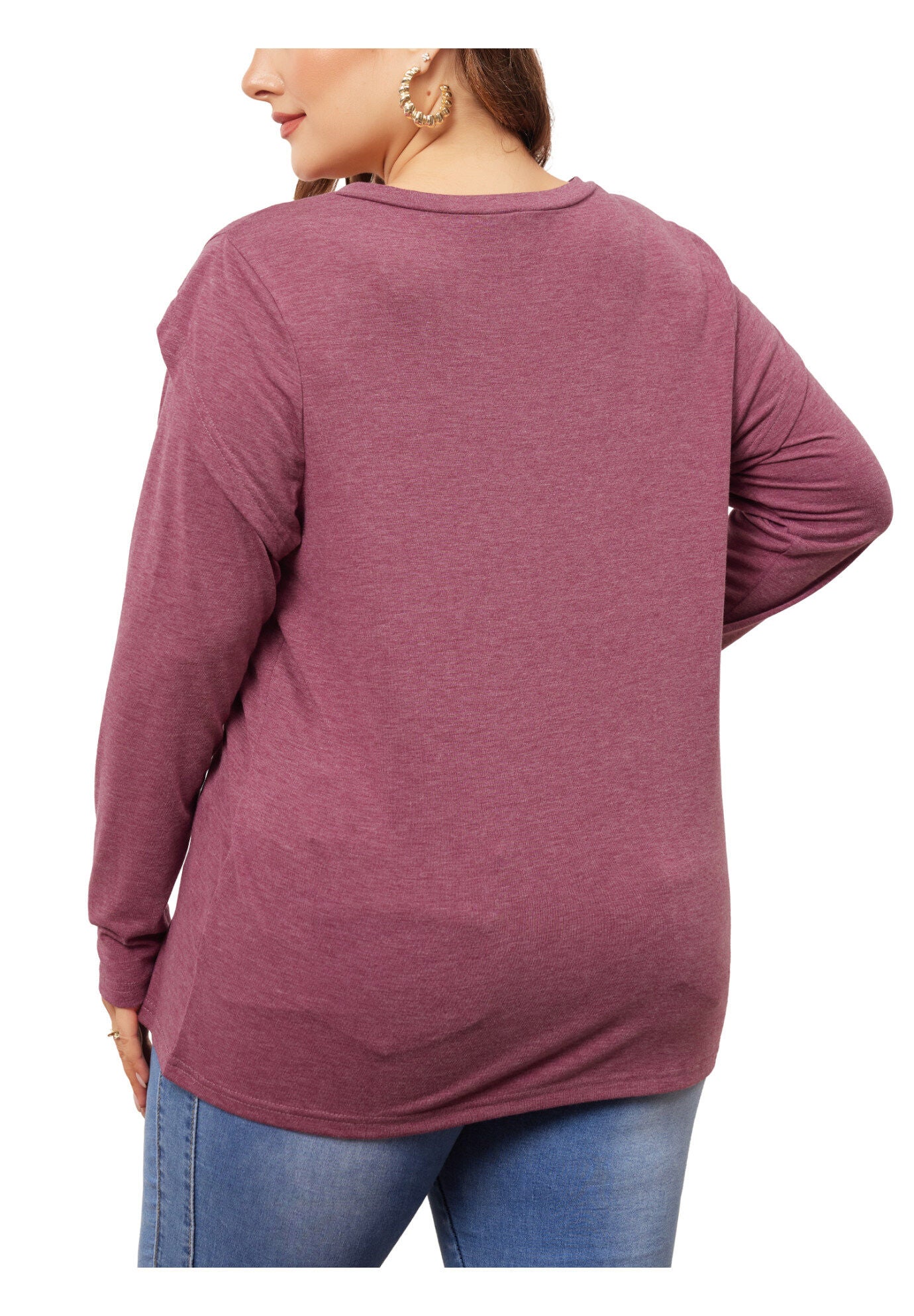 V Neck Tulip Long Sleeve T-Shirt Casual Top, Purple Red / Purple, alternate image number 3